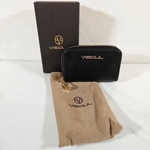 VISOUL Black Leather Accordion Card Holder Organizer Zipper Wallet